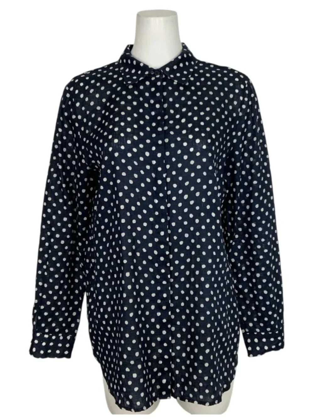 Lafayette 148 Linen Button Front Shirt L Blue Polka Dot - Picture 1 of 15
